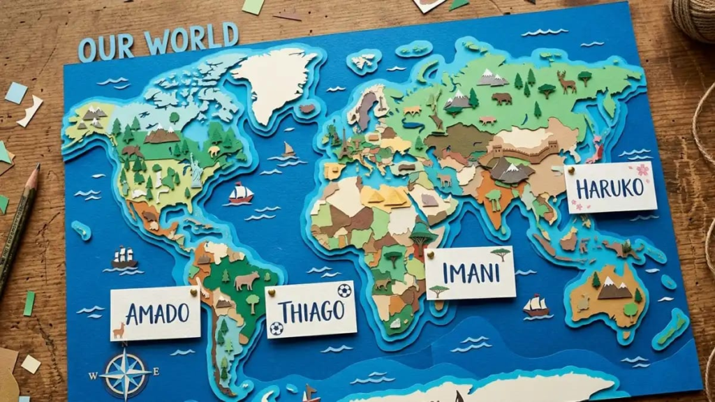 ALT TEXT: Paper-cut world map with small cards showing the names Haruko, Imani, Amado and Thiago