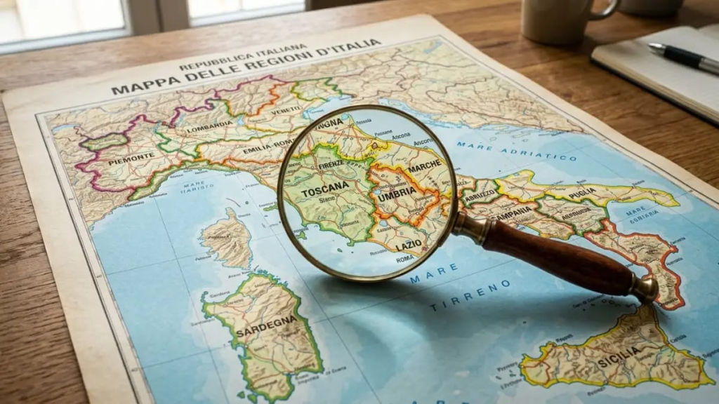 ALT TEXT: Map of Italy with regions outlined and a magnifying glass resting on it