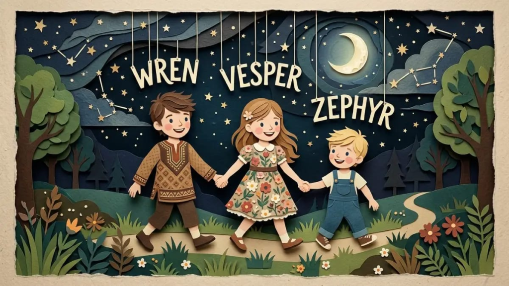 Paper-cut siblings holding hands under a night sky with the names Vesper, Wren and Zephyr