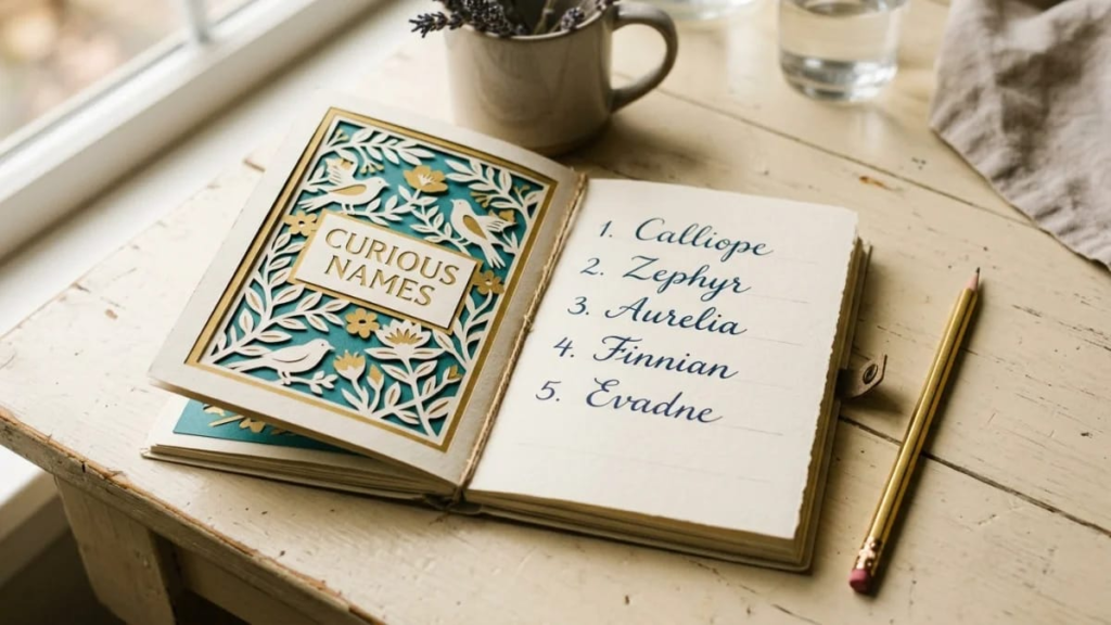 Paper-cut notebook with a short list of five unique names and a gold pencil on a cream table