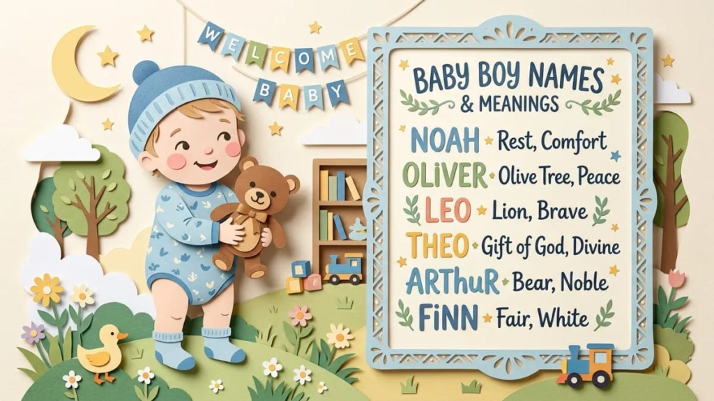 Paper-cut baby boy holding a small teddy bear beside a short list of boy names with meanings