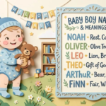Paper-cut baby boy holding a small teddy bear beside a short list of boy names with meanings