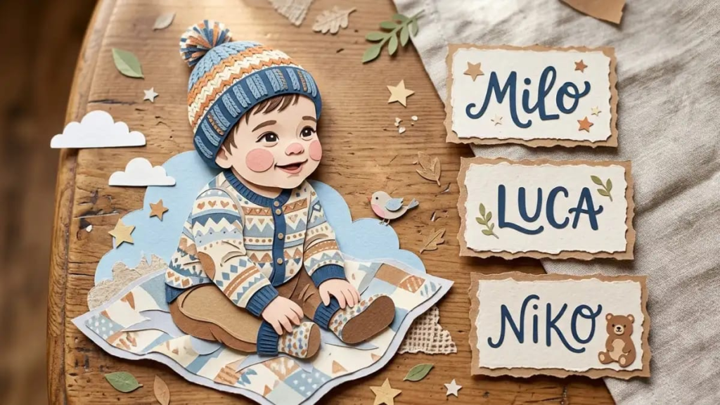 Paper-cute boy in a knitted hat beside the names Milo, Luca and Niko on small cards