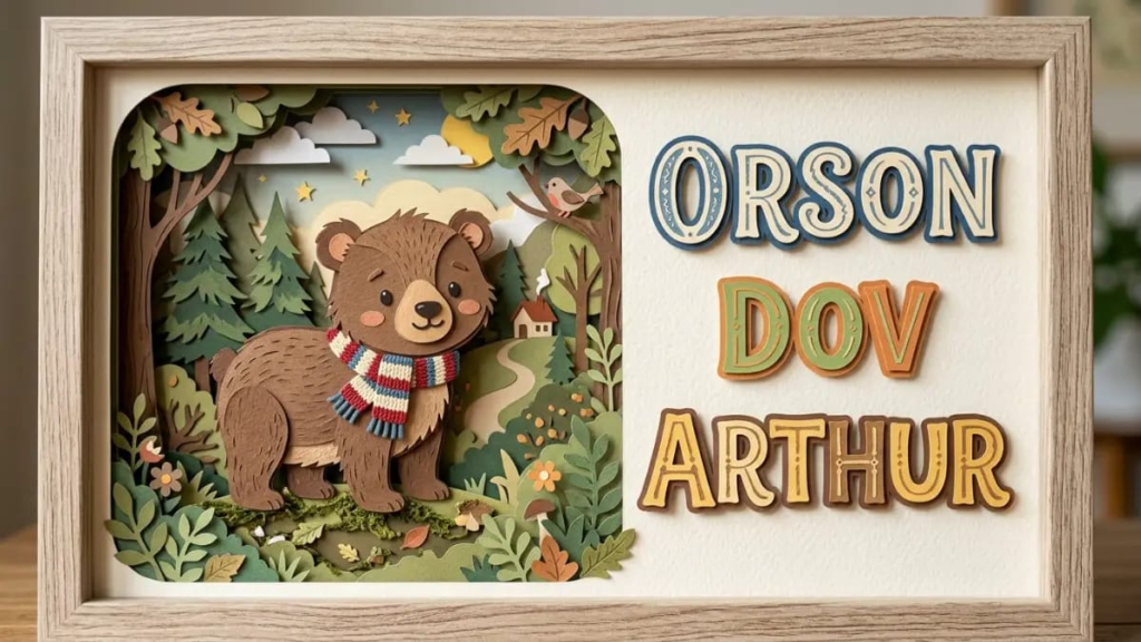 ALT TEXT: Paper-cut bear cub wearing a small scarf next to the names Orson, Dov and Arthur