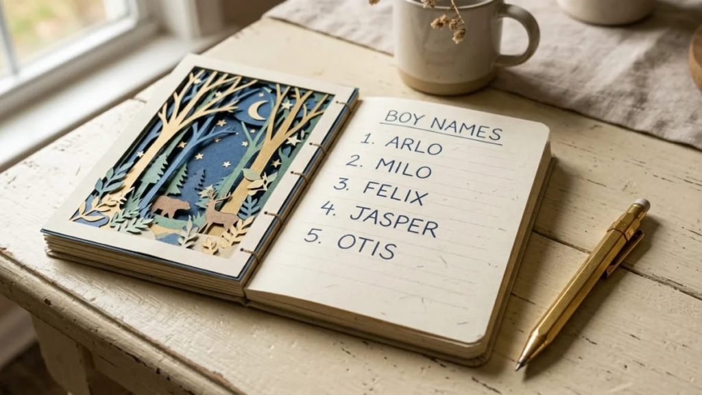 ALT TEXT: Paper-cut notebook with a short list of five boy names and a gold pencil on a cream table