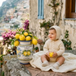 Baby in a cream knit outfit sitting beside a ceramic vase of lemons, italian names