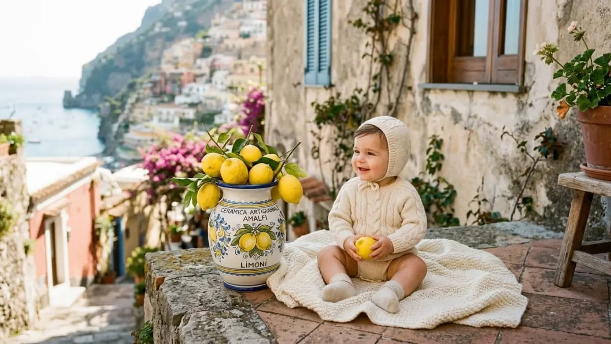 Baby in a cream knit outfit sitting beside a ceramic vase of lemons, italian names