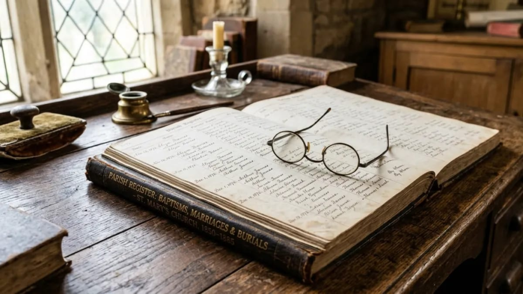 ALT TEXT: Old handwritten church register open on a wooden desk beside reading glasses