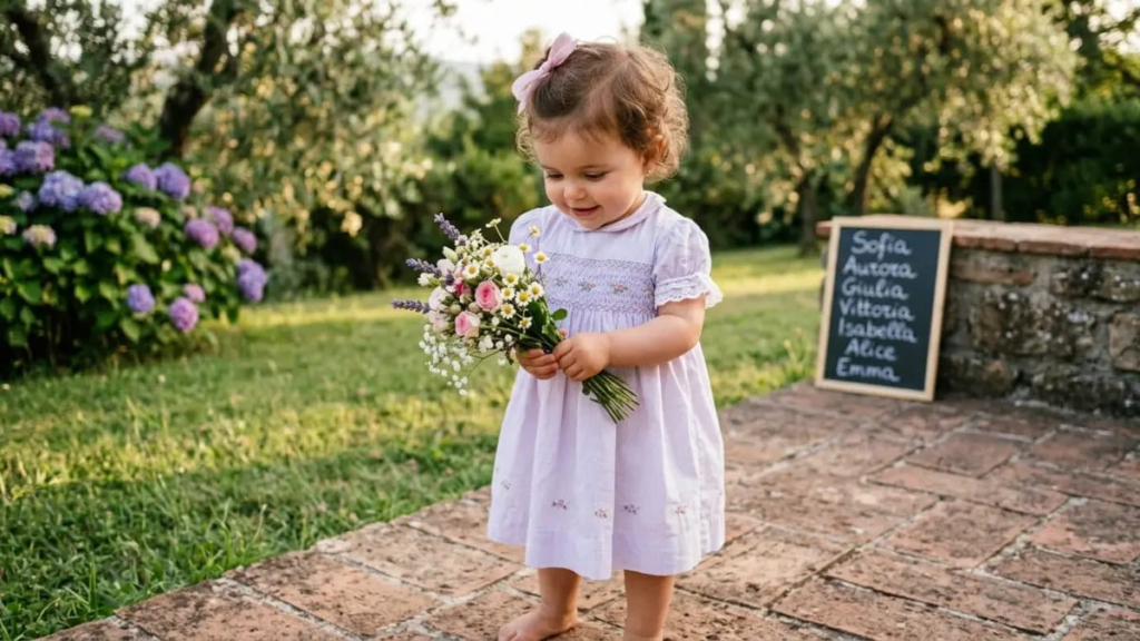 Baby girl in a pastel dress holding a small bouquet, italian names for girls