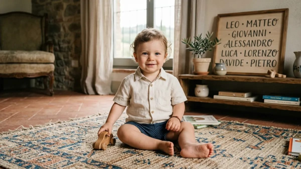 Baby boy in a linen shirt sitting on a rug, italian names for boys