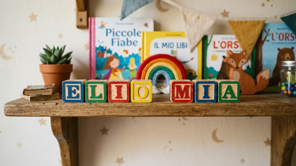 Wooden alphabet blocks spelling a short name on a shelf, short italian names