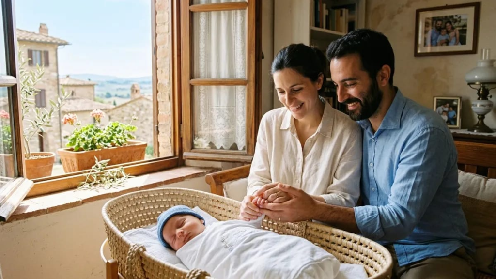 Parents holding a newborn’s hand near a sunny window, Italian names