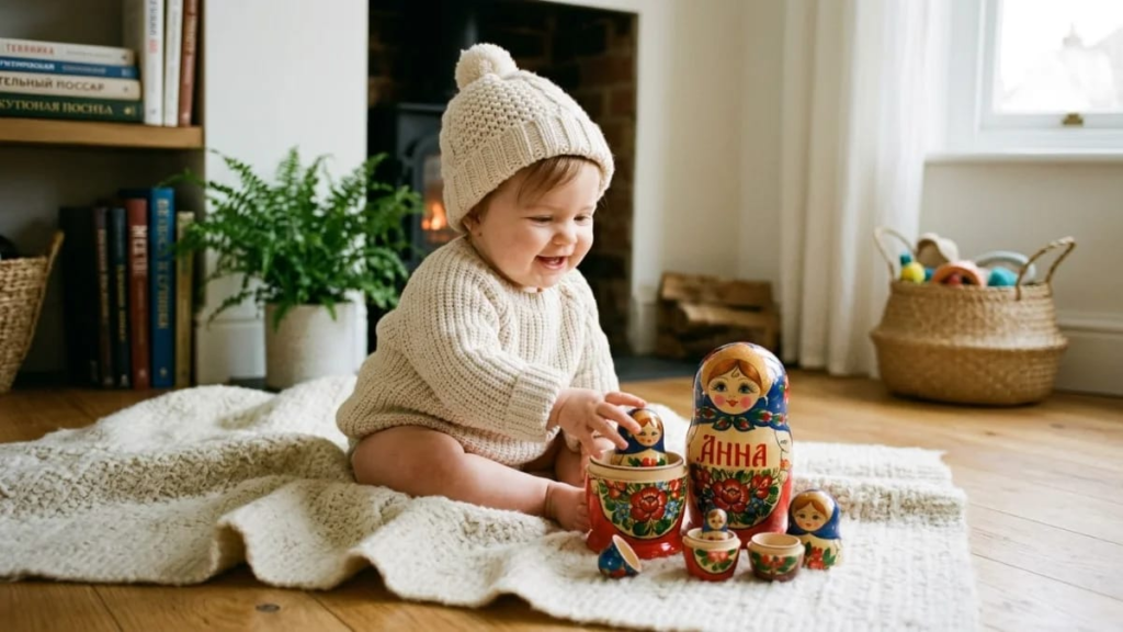 Baby in a cream knit hat sitting beside a small wooden nesting doll, russian names