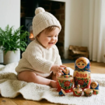 Baby in a cream knit hat sitting beside a small wooden nesting doll, russian names