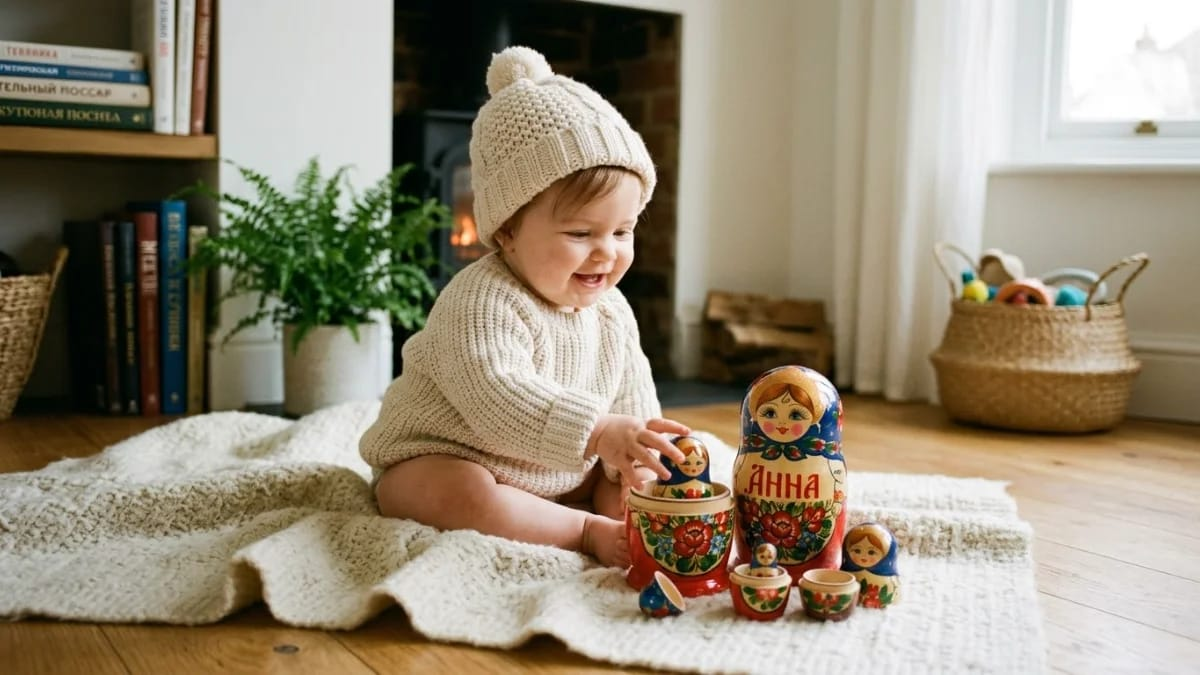 Baby in a cream knit hat sitting beside a small wooden nesting doll, russian names