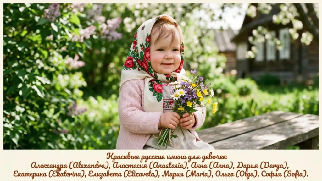 Baby girl in a floral headscarf holding a small bouquet, russian names for girls