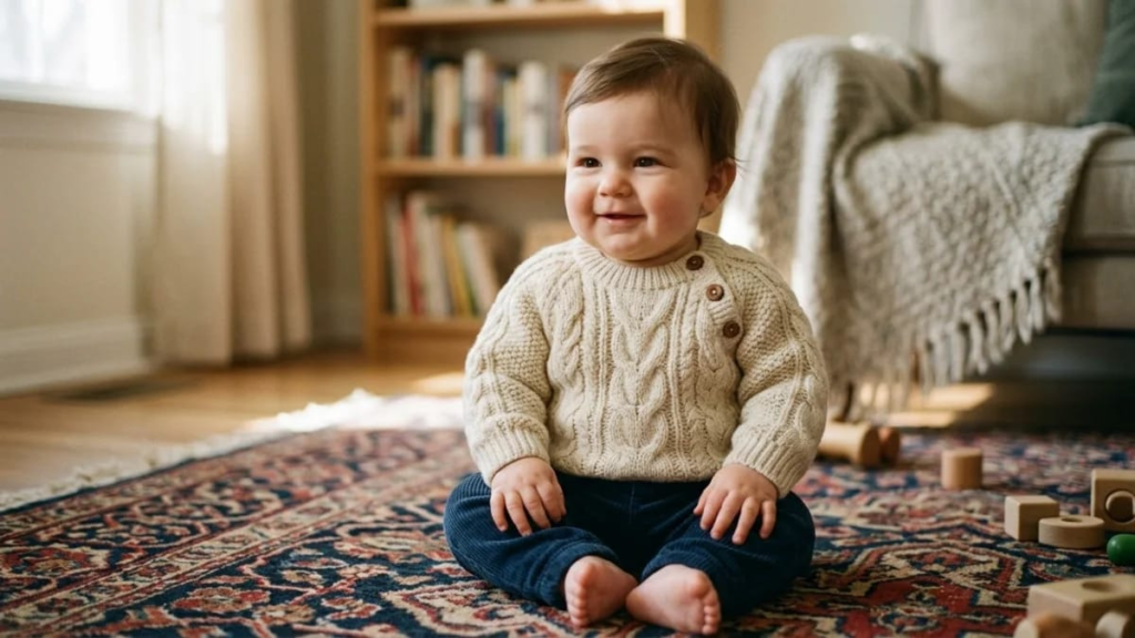 Baby boy in a wool sweater sitting on a rug, russian names for boys
