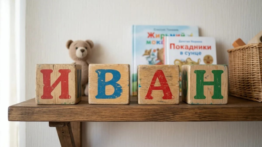 Wooden alphabet blocks spelling a short name on a shelf, short russian names