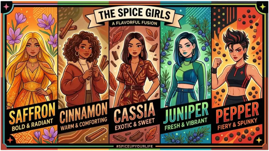 Graphic listing five spice girl names: Saffron, Cinnamon, Cassia, Juniper and Pepper