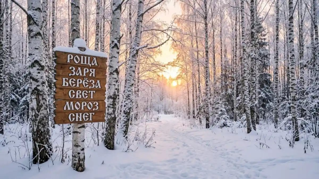 Birch trees in a snowy forest at sunrise, nature-inspired russian names