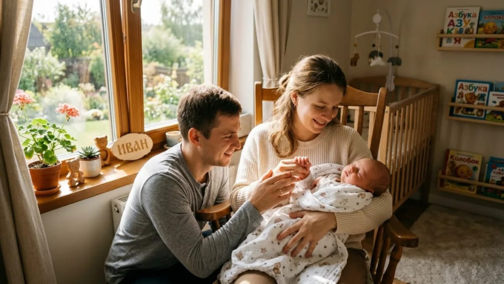 Parents holding a newborn’s hand near a sunny window, russian names