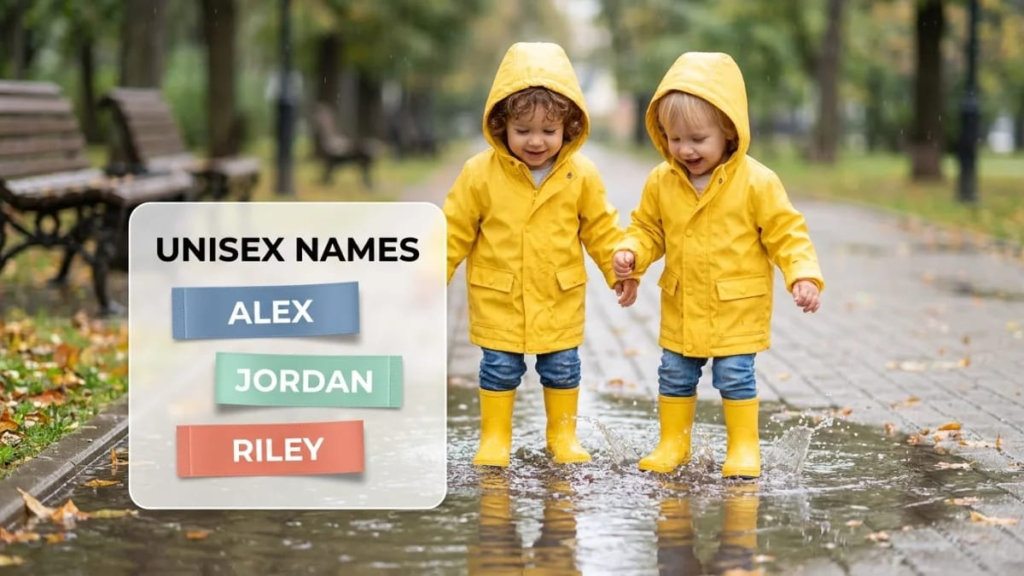 Unisex names with meanings shown on a sign beside two children in yellow raincoats