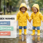 Unisex names with meanings shown on a sign beside two children in yellow raincoats