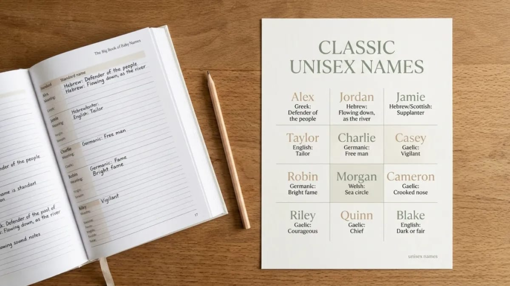 unisex names book on a wooden table with a pencil beside it