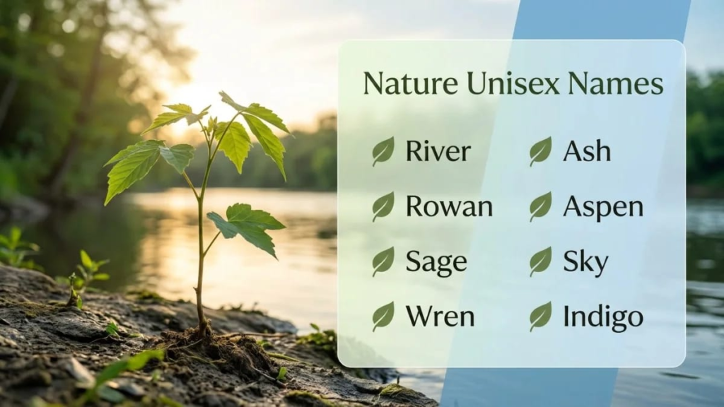 Young green unisex names sapling growing on a riverbank