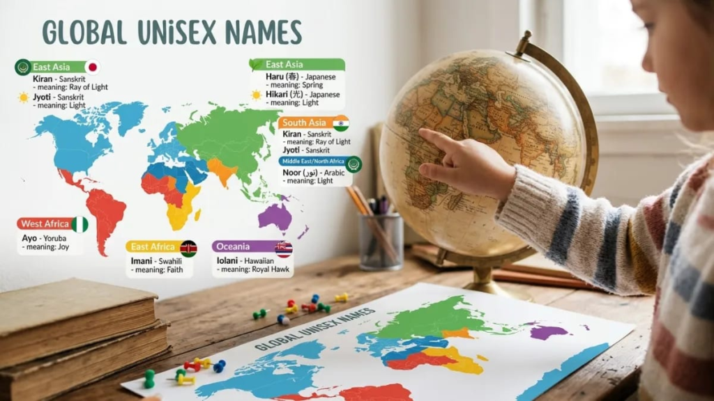 Child’s hand pointing unisex names at a country on a globe