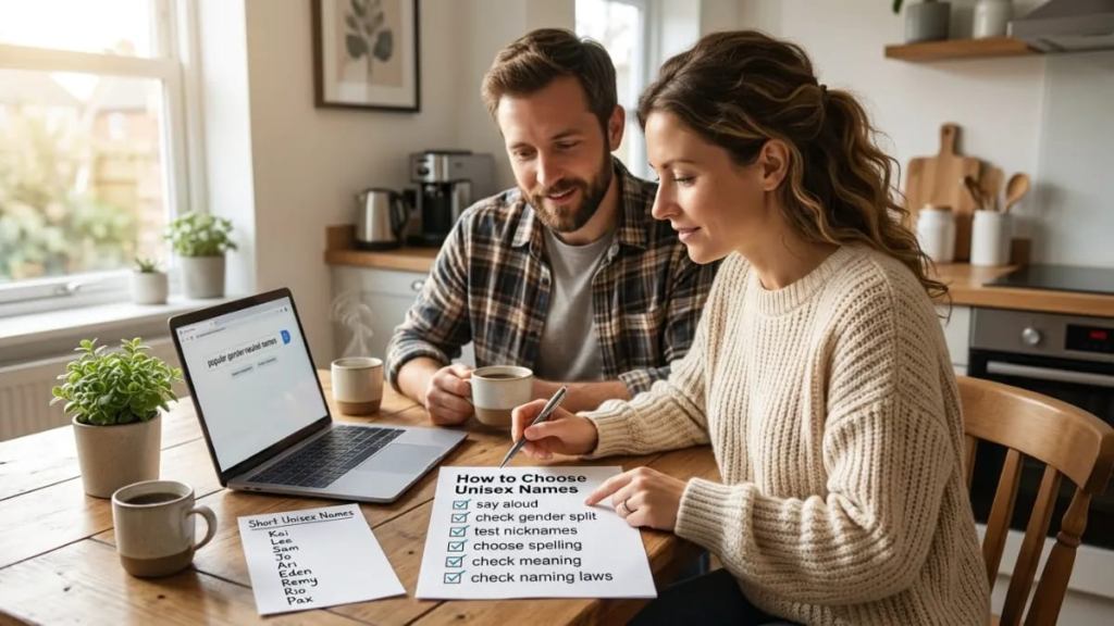 Parents sitting at a kitchen table reading a list of baby names