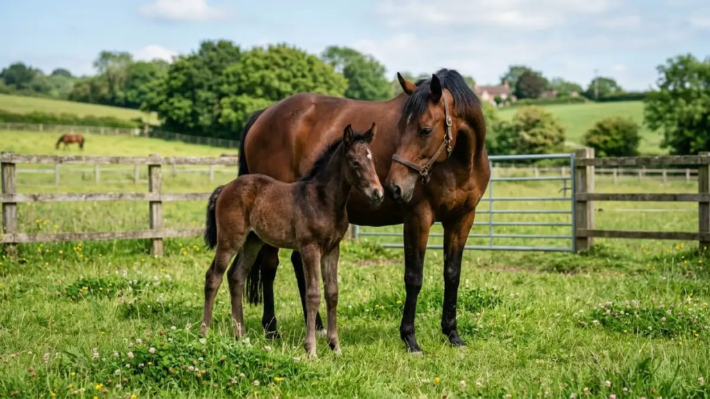 Young bay foal standing in a paddock next to its mother