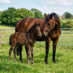 Young bay foal standing in a paddock next to its mother