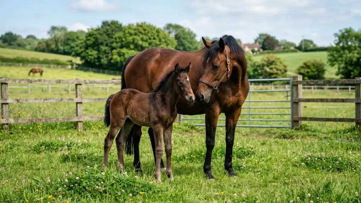 Young bay foal standing in a paddock next to its mother