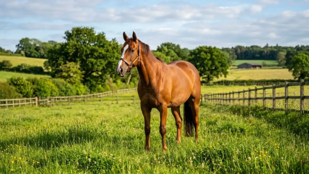 Chestnut horse names with a white blaze standing in a green paddock