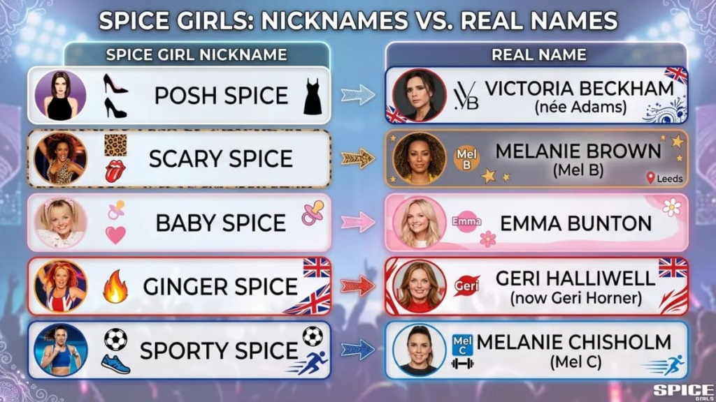 ALT TEXT: Chart showing the five Spice Girls nicknames next to their real names