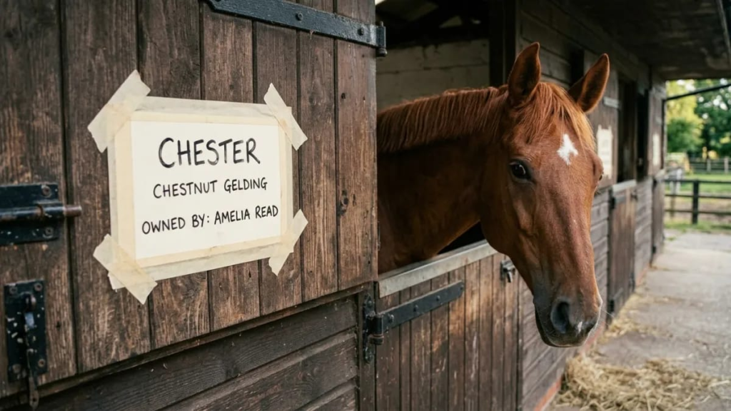 Name card taped to a stable door beside a chestnut horse looking over it