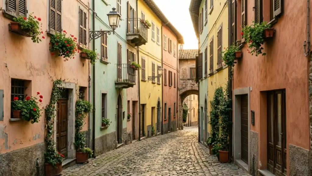 ALT TEXT: Narrow cobblestone street lined with pastel-coloured buildings in an Italian town