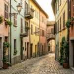 ALT TEXT: Narrow cobblestone street lined with pastel-coloured buildings in an Italian town