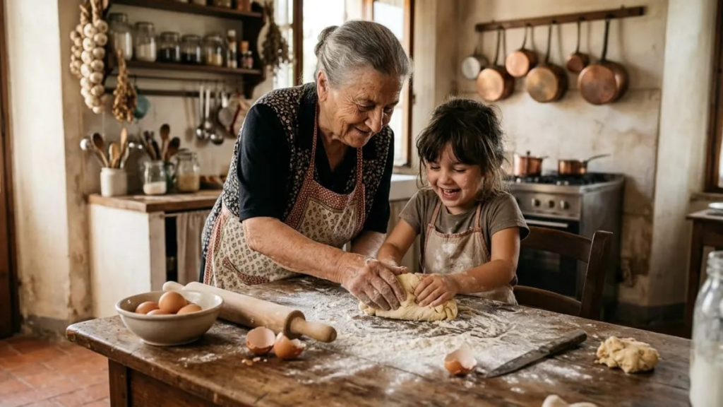 Grandmother and young girl cooking together at a kitchen table