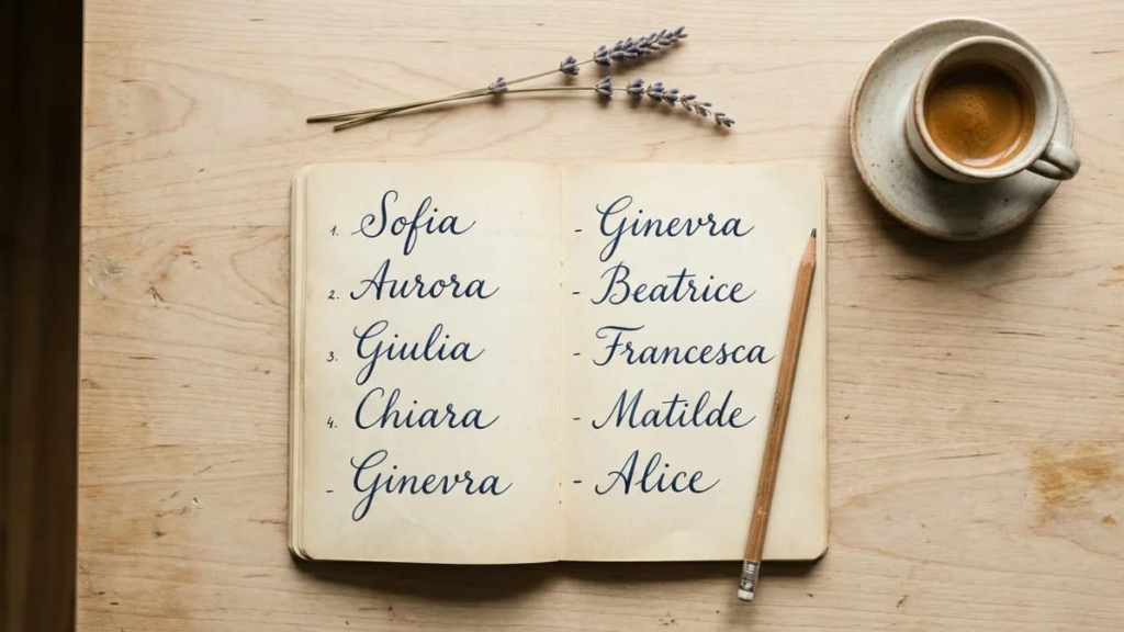 Open notebook with a handwritten list of Italian girl names beside a pencil