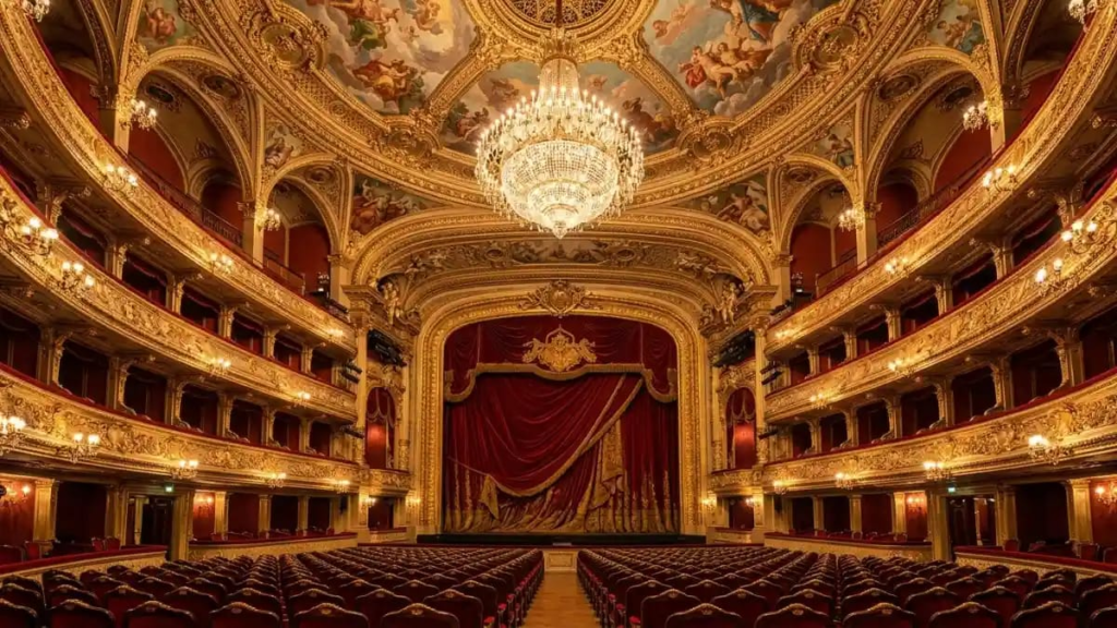 Opera house interior with red velvet seats and gold-trimmed balconies