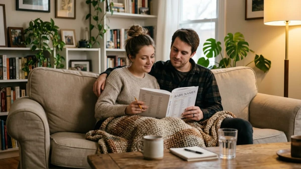 ALT TEXT: Couple reading a baby name book together on a sofa