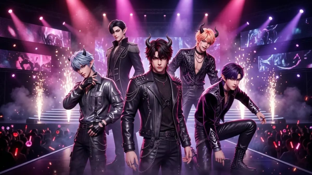 Five animated saja boy names band members posing together on a pink-lit concert stage