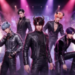 Five animated saja boy names band members posing together on a pink-lit concert stage