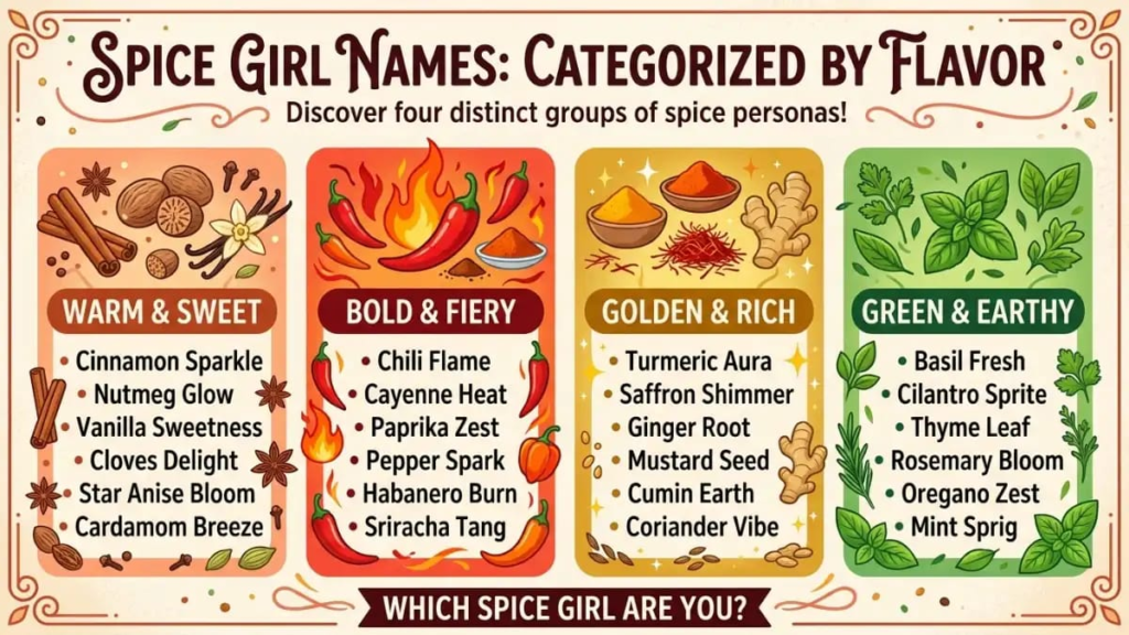 Infographic with four groups of spice girl names: warm and sweet, bold and fiery, golden and rich, green and earthy