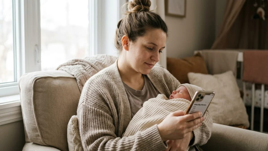 Parent holding a newborn while reading a list of baby boy names on a phone