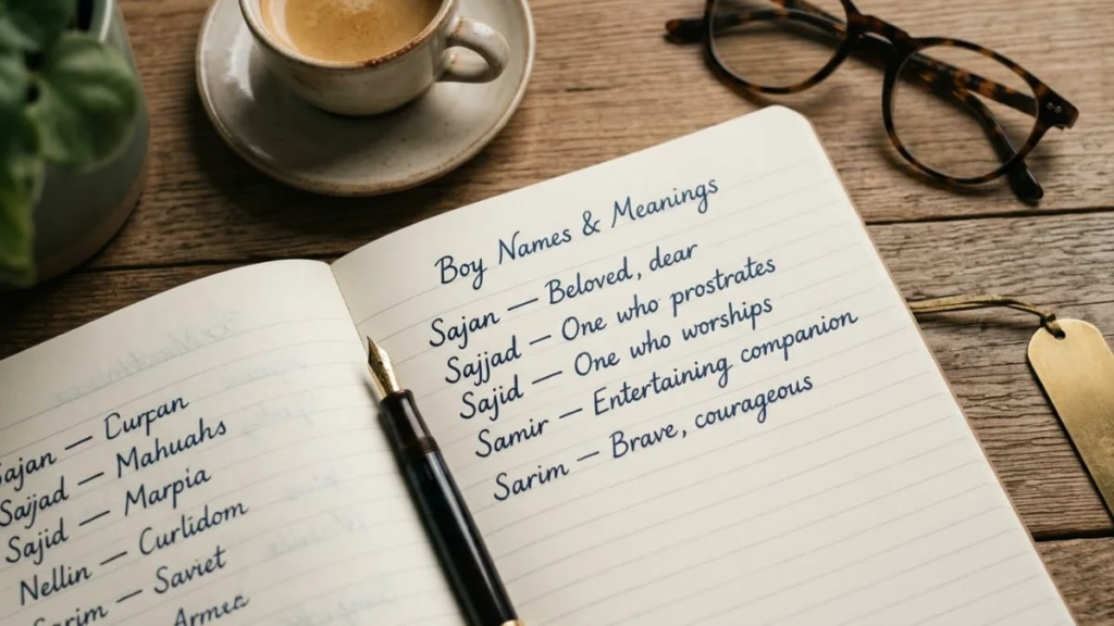 ALT TEXT: Notebook page listing boy names with their meanings written beside each one