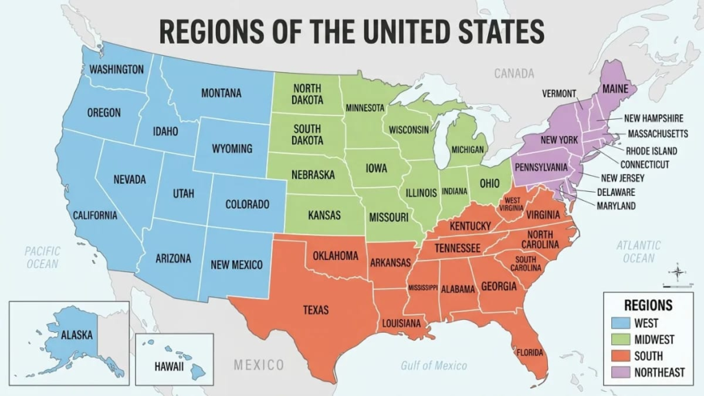 Us map  with state names divided into four colored regions with each state name labeled