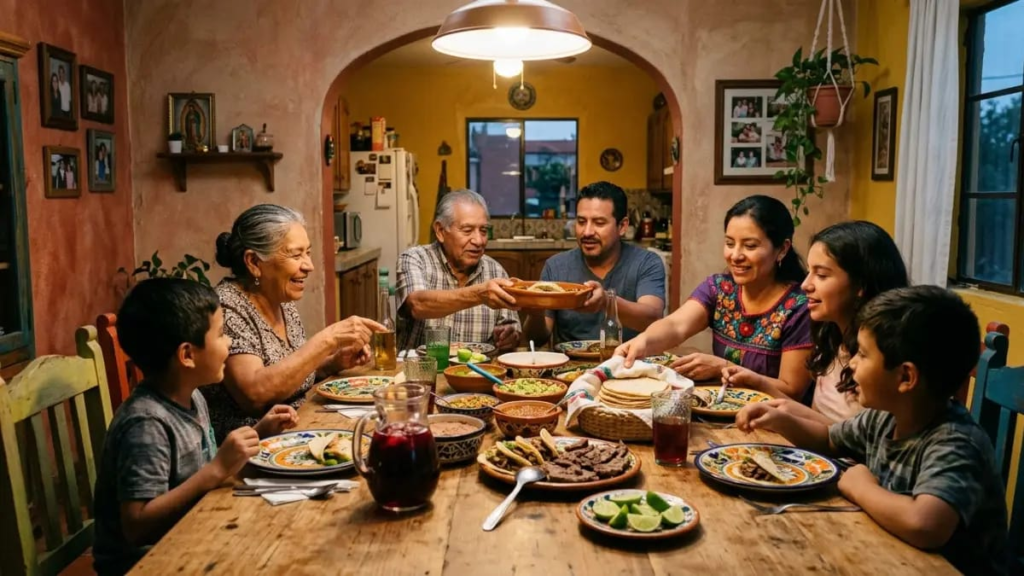 Family group of three generations sitting together at a dinner table in a Mexican home